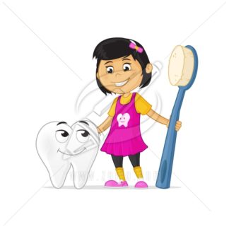 Happy little cartoon girl holding toothbrush, hugging tooth cartoon mascot character.