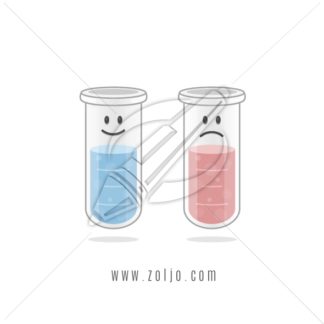 Two test tubes cartoon mascots with smiley happy and sad faces vector illustration isolated on white