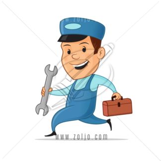 Happy handyman mascot in uniform holding wrench and toolbox