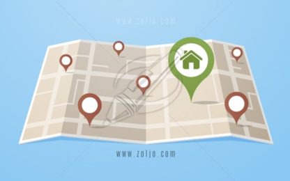 Flat style map with gps pointers with big home icon in the city.