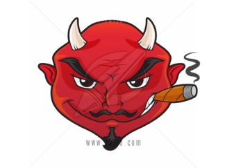 Red devil's face with evil grin smoking cigar vector cartoon illustration
