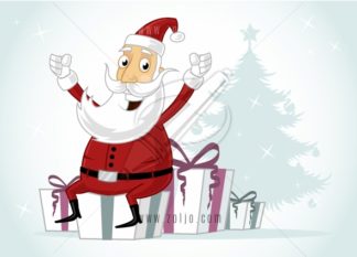 Happy Santa Claus sitting on Christmas presents/gift vector cartoon illustration