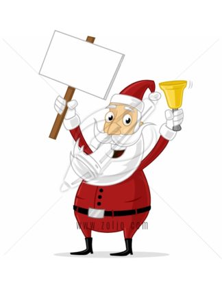 Happy Santa Claus holding bell and blank sign board vector cartoon illustration