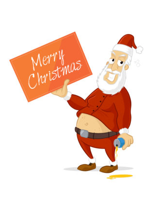 Drunk Santa Claus holding board sign with Merry Christmas text vector cartoon illustration