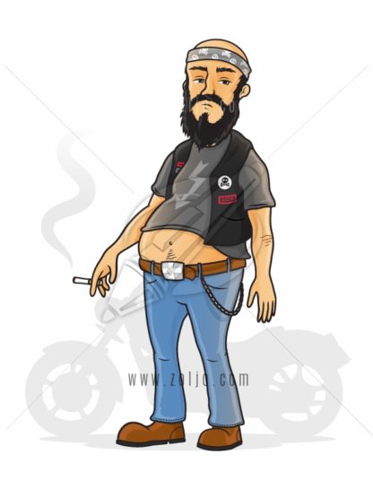 Biker standing in front of his motorcycle vector cartoon illustration.