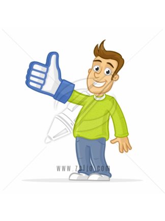 Happy man wearing thumb up like glove vector cartoon illustration
