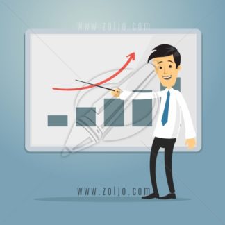 Happy cartoon businessman showing graph on the whiteboard vector illustration