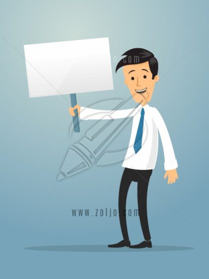 Happy businessman holding blank sign board vector cartoon illustration