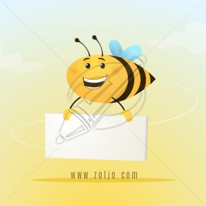 Cute little bee holding blank cardboard vector cartoon illustration