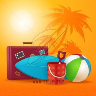 Summer equipment. Travel bag,beach ball,bucket and shovel and surfboard.Vector illustration