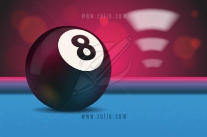 Eight ball on blue pool/billiard table with bokeh and lights in background vector illustration