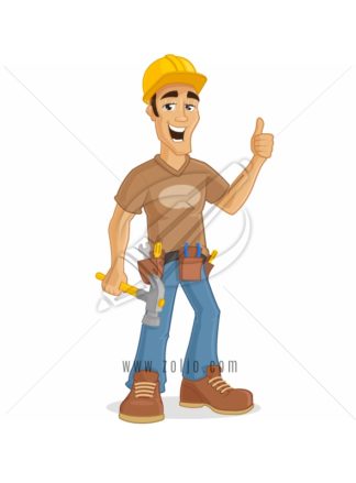 Happy male contractor holding hammer and showing thumb up vector cartoon Illustration.