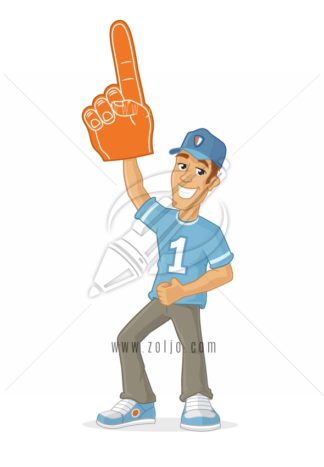 Happy male sports fan rising foam finger in the air vector cartoon illustration