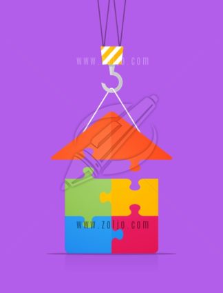 Flat style illustration of construction crane putting roof on the puzzle house vector