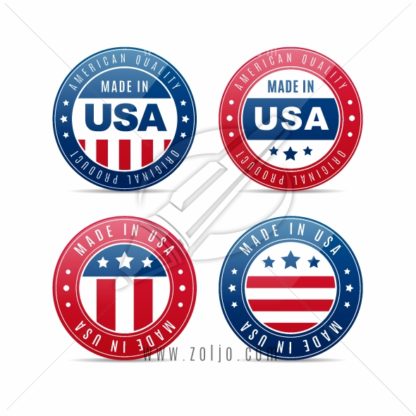 Four glossy badges with United States flag colors with texts MADE IN AMERICA and AMERICAN PRODUCT vector illustration