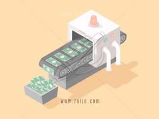 Machine making money isometric vector illustration in flat style.