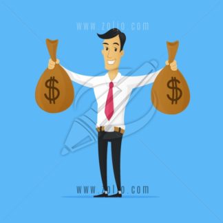 Businessman holding money bags with dollar signs vector cartoon illustration