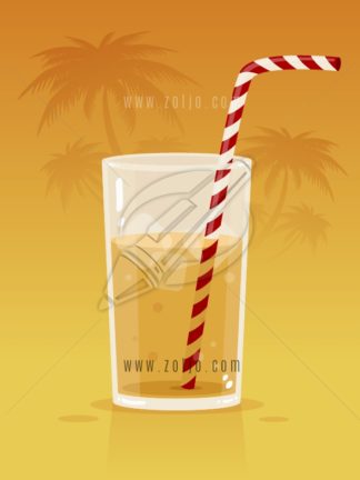 Glass with soda juice drink and straw with palm trees in the background
