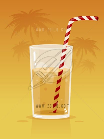 Glass with soda juice drink and straw with palm trees in the background
