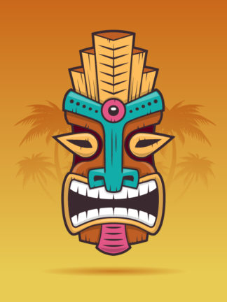 Polynesian Tiki mask on a summer beach background with palm trees vector illustration.