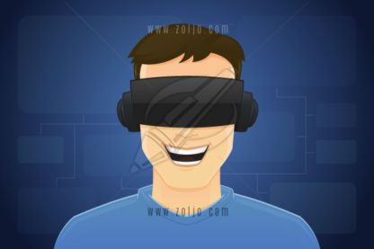 Happy young man with VR glasses. Virtual reality concept vector illustration.