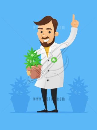 Happy doctor/scientist holding pot with marijuana/cannabis plant vector cartoon illustration