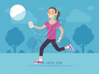 Happy woman jogging outside and listening music on his smartphone vector illustration in flat style