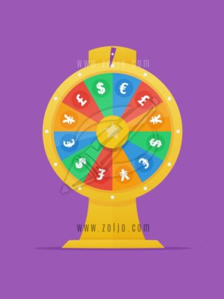 Forex golden wheel of fortune in flat style with dollar,euro, pound and yen currency symbols vector illustration