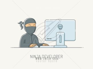 Ninja developer designer working on computer vector illustration in scribble linework style