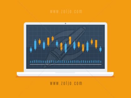 Laptop computer with forex trader candlestick graph vector illustration in flat style.