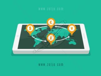 Smartphone with world map and Forex dollar,euro,pound and yen currency signs on map pointers vector illustration in flat style