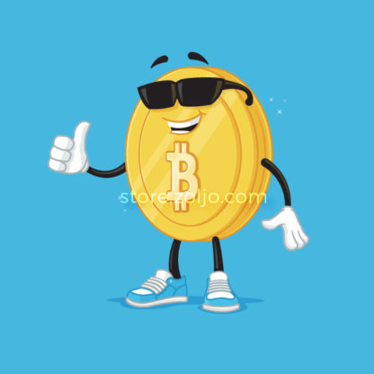 Cool Bitcoin mascot with sunglasses showing thumb up vector cartoon illustration