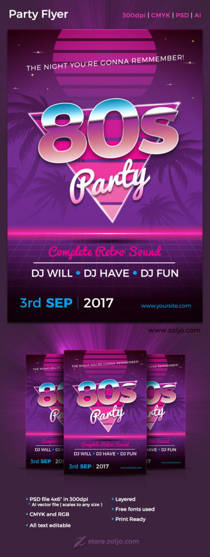 80s Party Flyer Template - Vector Adobe Illustrator and High resolution Photoshop PSD