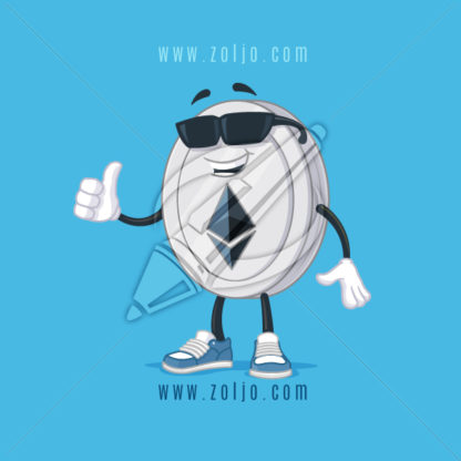 Ethereum coin mascot cool, with sunglasses vector cartoon illustration
