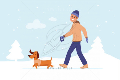 Young man walking a dog in a snowy winter day vector flat illustration