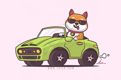 Cool shiba inu dog driving a green muscle car funny vector cartoon illustration.